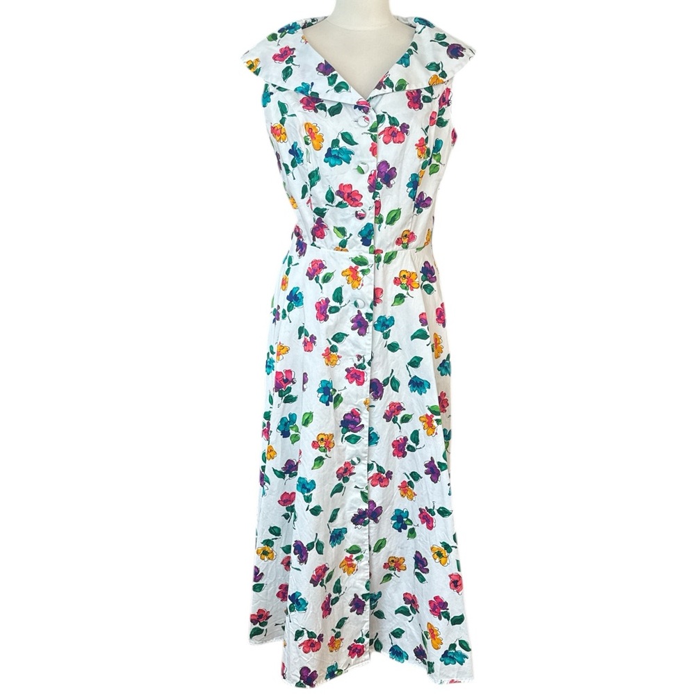 Dennis Goldsmith 80’s Vintage 100% Cotton White Floral Sleeveless Dress 13